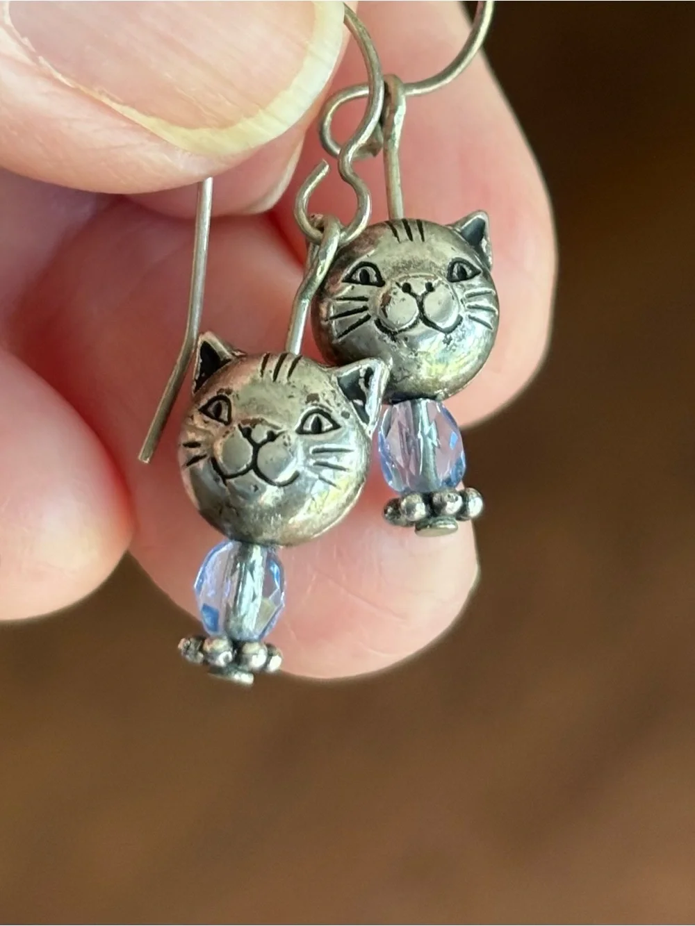 Sterling Silver Cat Face Earrings with Blue Bead - Pets Cat Jewelry